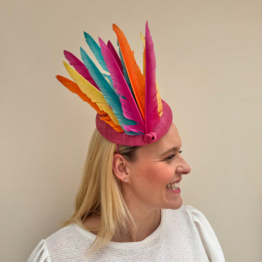 Rainbow Feather Pillbox Hat Pink Multi