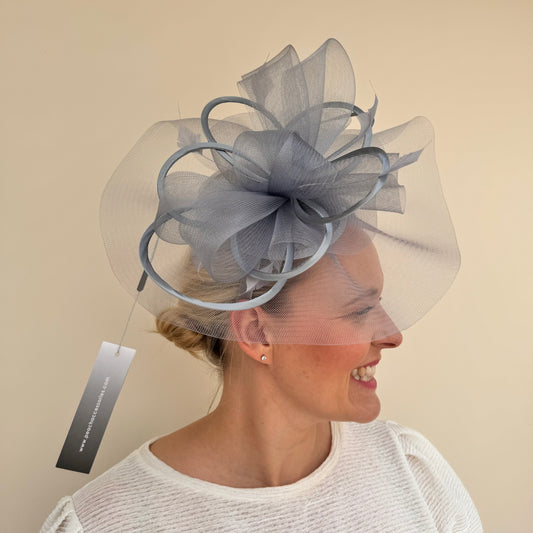 Silver Grey Delicate Mesh Loops and Feather Fascinator