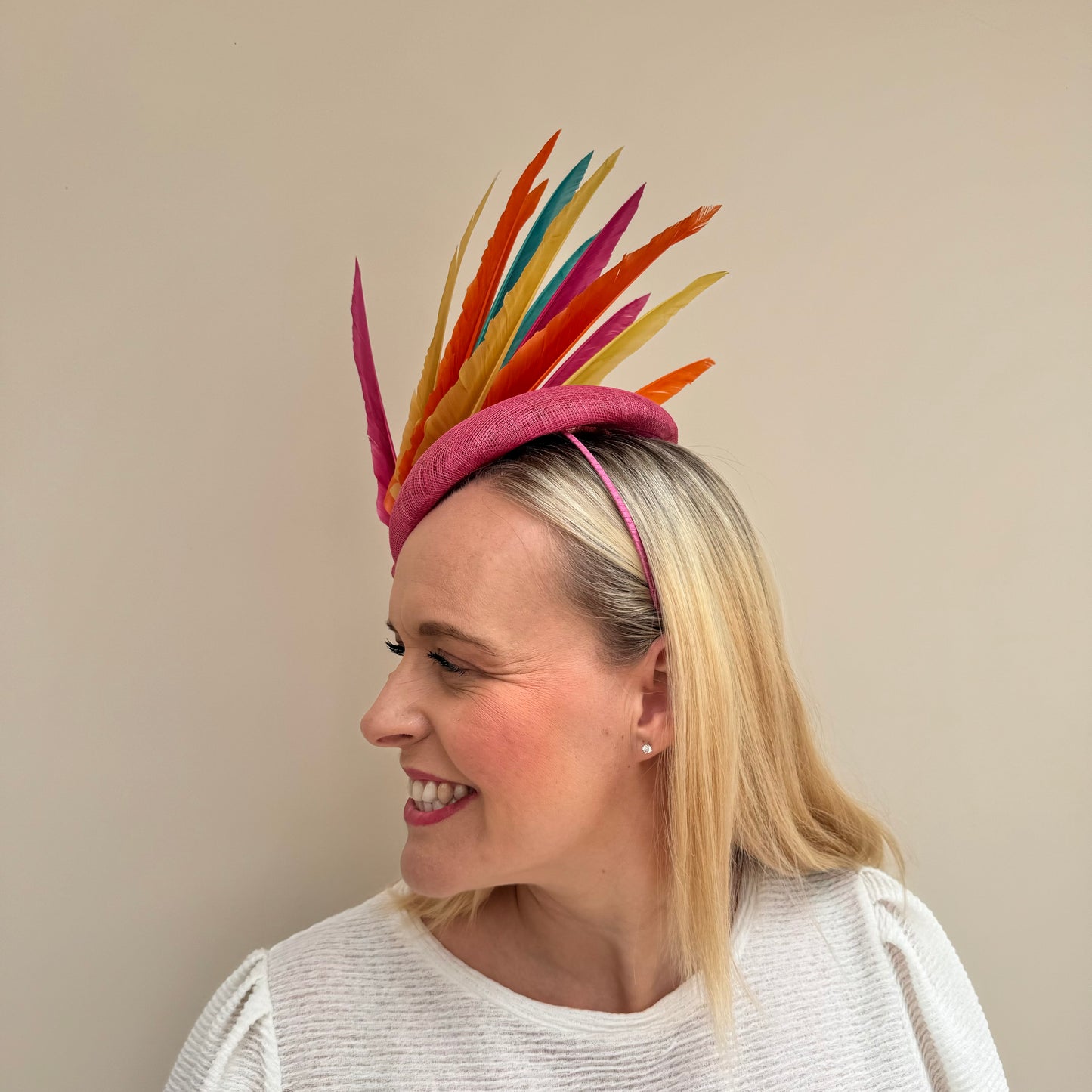 Rainbow Feather Pillbox Hat Pink Multi