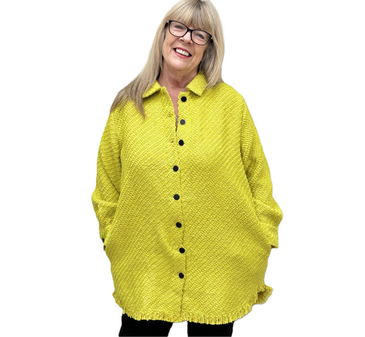 Malissa J WF1157 Lime Oversized Boucle Shirt with Frayed Round Hem Lime