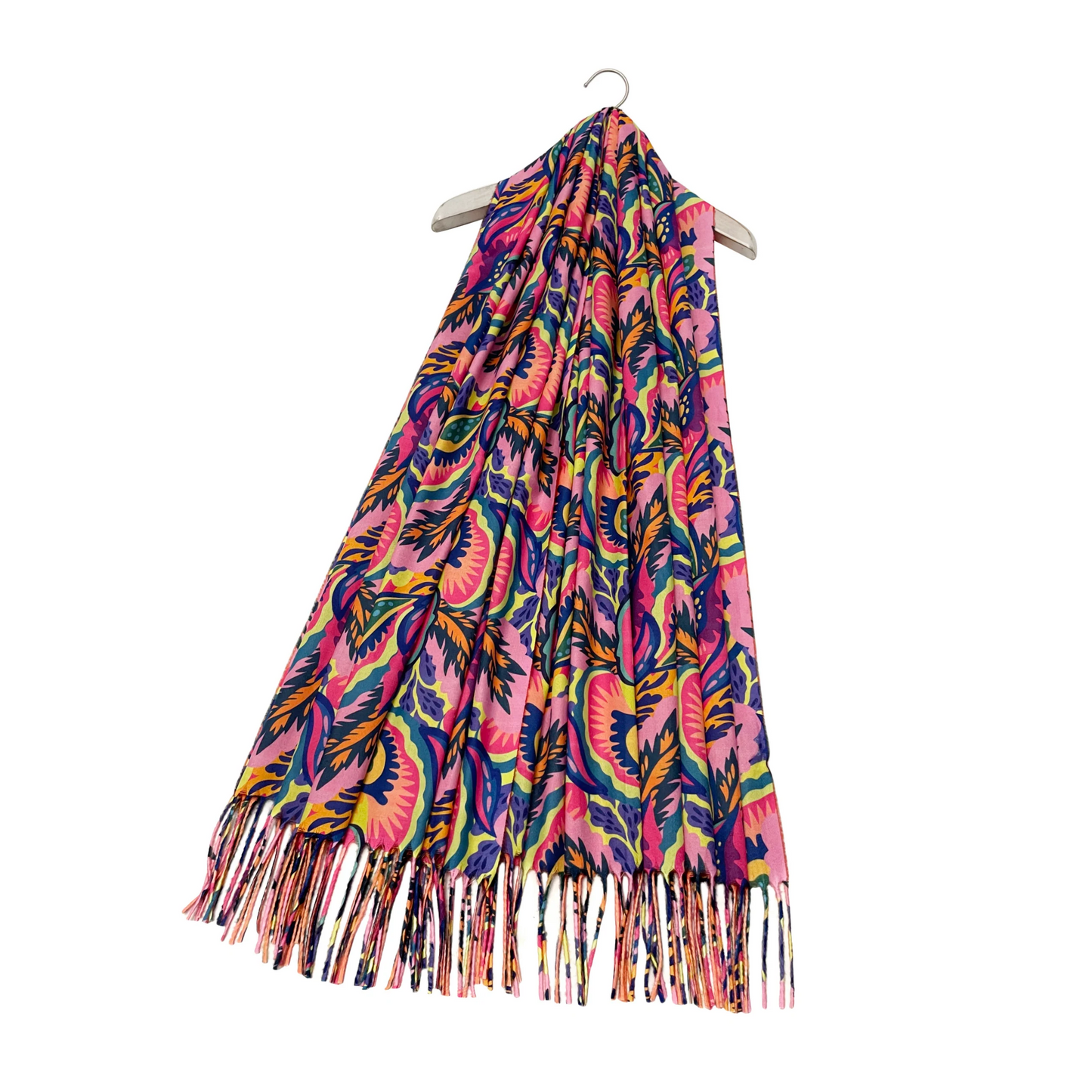 Bright Floral Wool Tassel Scarf