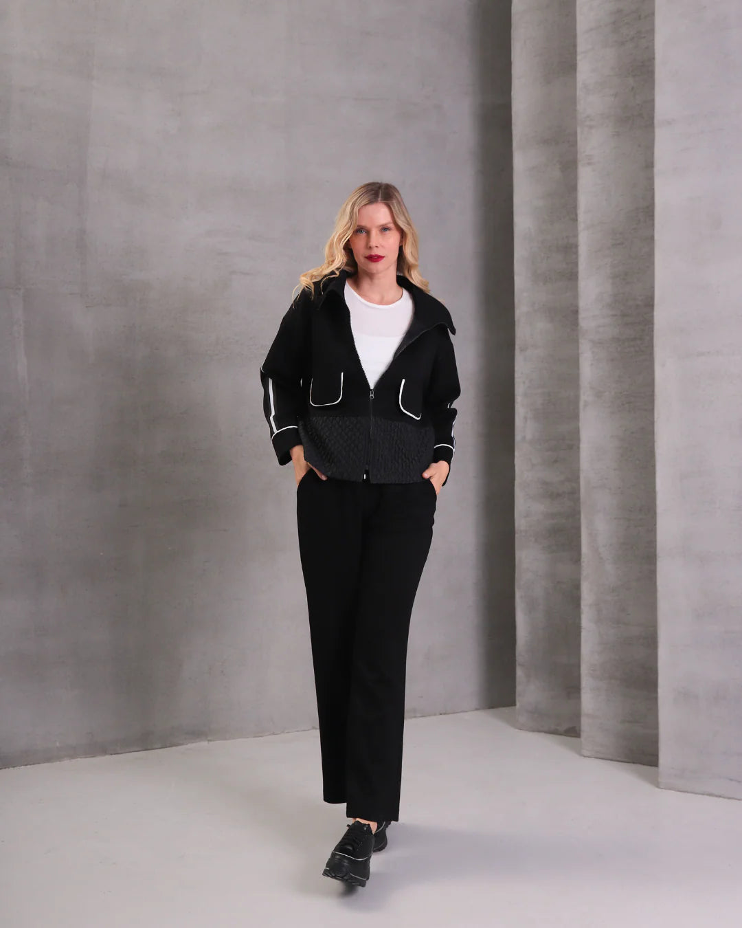 I.NCO 25AW 1196 Black Zip Up Jacket with White Piping