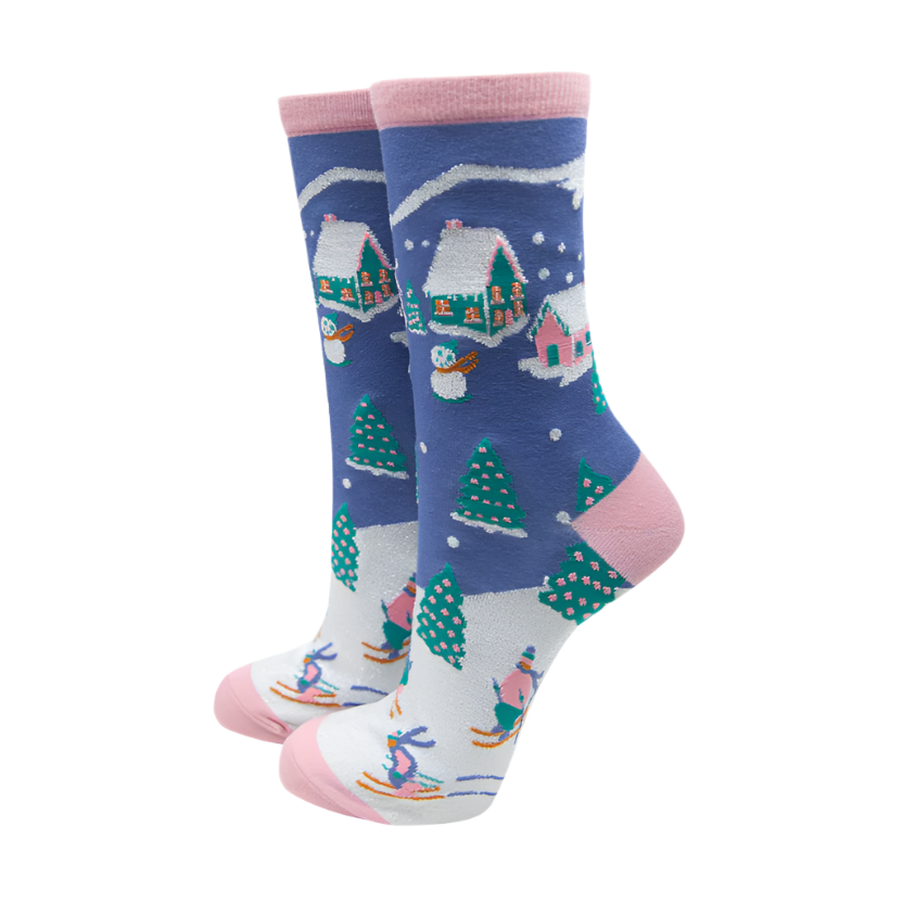 Pink Ski Village Print Bamboo Socks 4446VILLPI