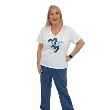 Malissa J WF2811 V Neck Jersey T-shirt with Denim motif White