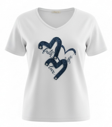 Malissa J WF2811 V Neck Jersey T-shirt with Denim motif White