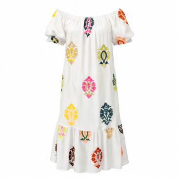 Malissa J WF2836 Multi Embroidered Bardot Style Dress White