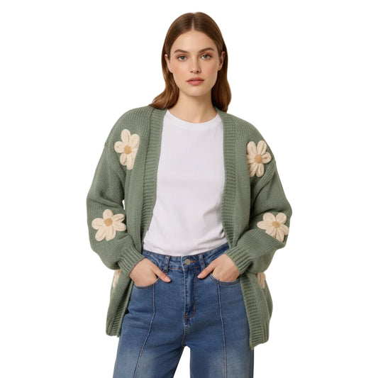NOL WF5257NV248 Sage Daisy Large Flower Cardigan