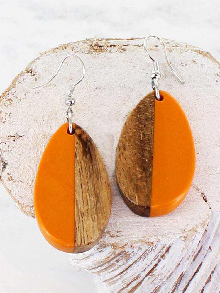 Resin and wood oval pebble earrings