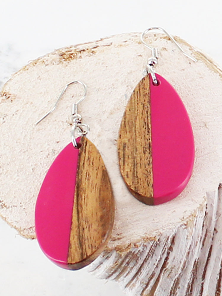 Resin and wood oval pebble earrings