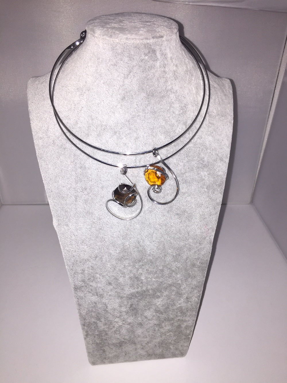 Medium Stone Necklace Handmade in Rhodium Plated Metal