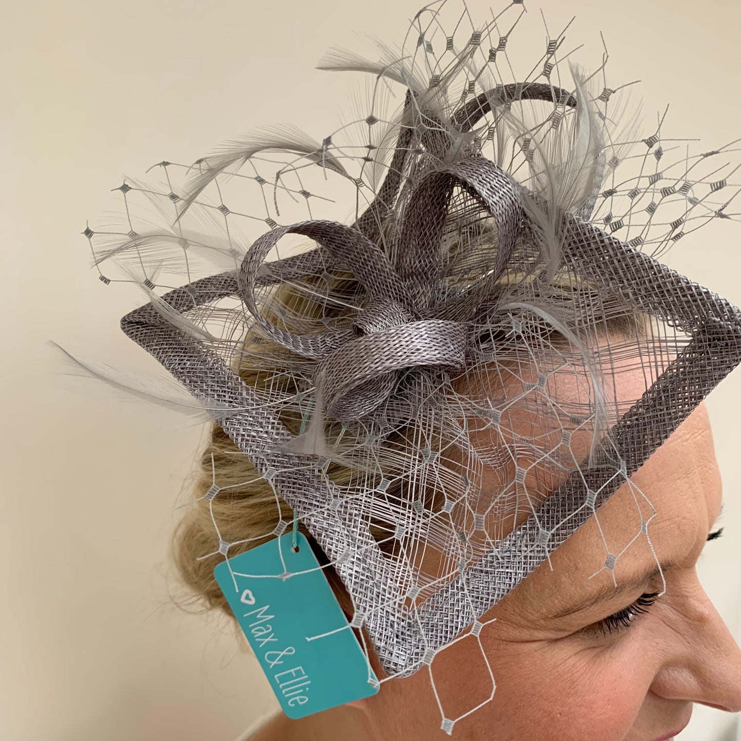 Max and Ellie HF1 Small Fascinator on Headband in Grey & Silver