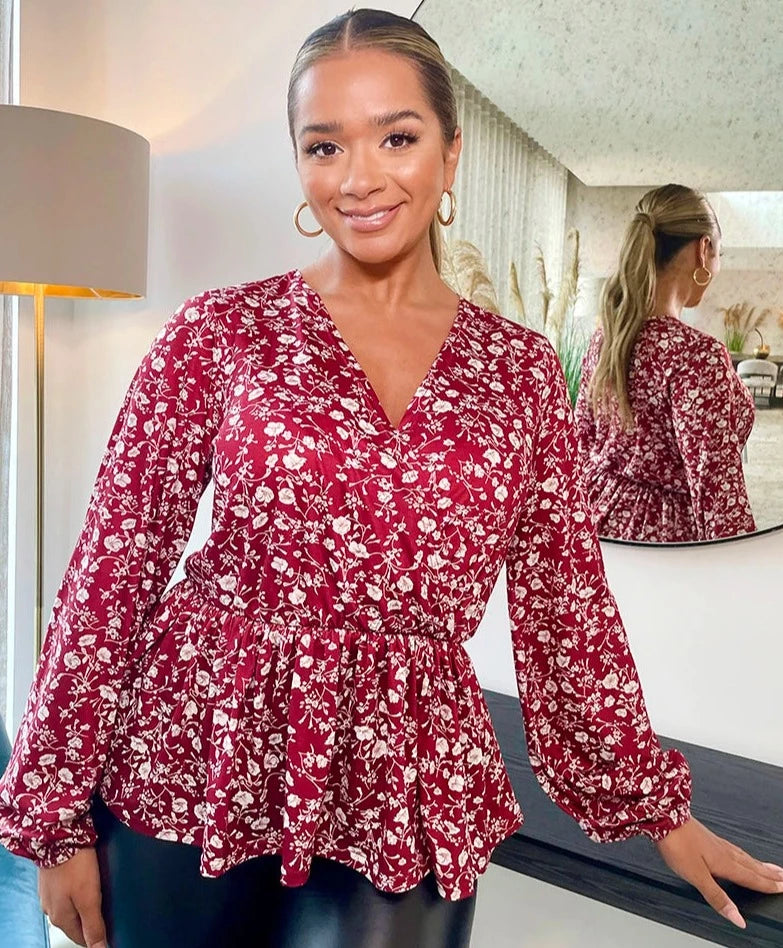 In the Style Wine Floral Peplum Top