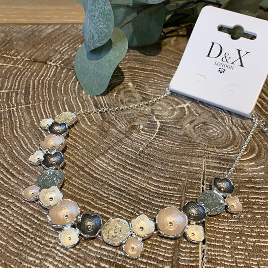 Pearl and Grey Flower Necklace Silver