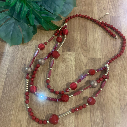 Red Three Layer Beaded Necklace Red