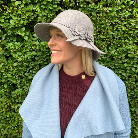 Grey Felt Cloche Hat With Flower