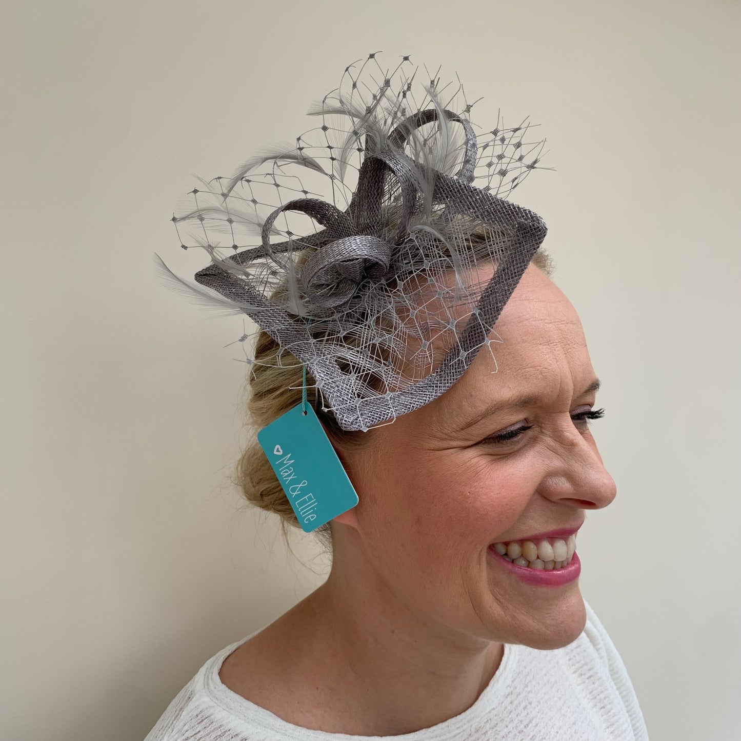 Max and Ellie HF1 Small Fascinator on Headband in Grey & Silver