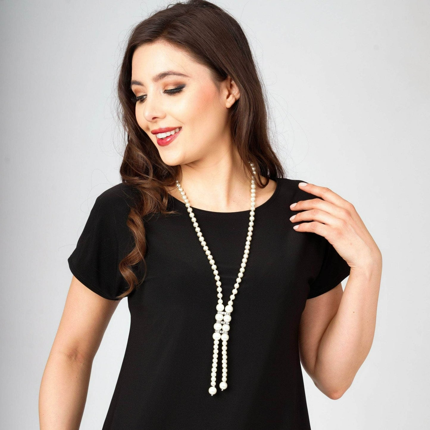 Saloos Black Top with Pearl Necklace